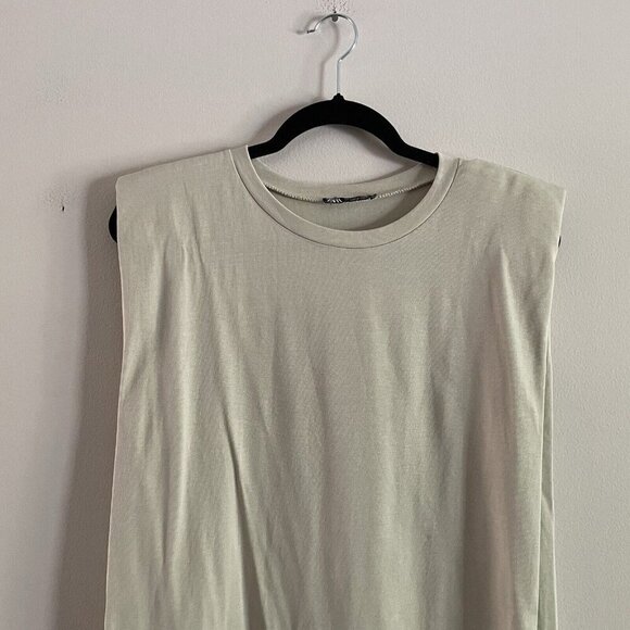 Zara Women S Stone Cotton Modern Minimalist Shoulder Pads Sleeveless Mini Dress - Picture 4 of 8